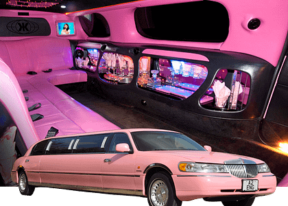 Pink limo and interior of limo