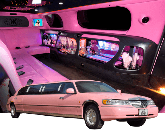 Pink limo and interior of limo
